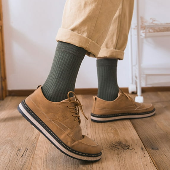 dianhelloya 1 Pair Men Solid Color Breathable Cotton Ribbed Elastic Middle Tube Crew Socks Navy Blue