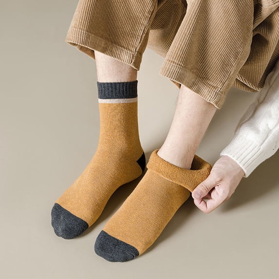 dianhelloya 1 Pair Mid Calf Socks Contrast Color Moisture Wicking Thickened Stretchy Terry Coldproof Soft Autumn Winter Men Sports Socks Daily Wear Black