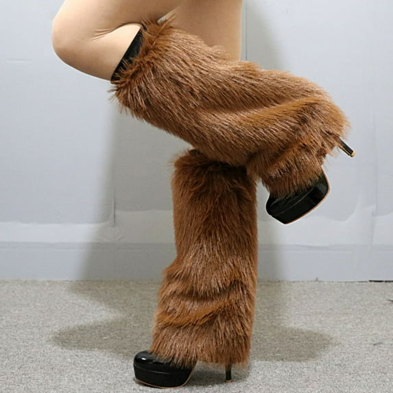 dianhelloya 1 Pair Plush Elastic Solid Color Thick Leg Warmers Autumn Winter Women Warm Faux Fur Boot Stockings Brown