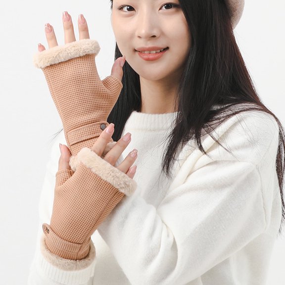 dianhelloya 1 Pair Winter Half Finger Gloves Thick Plush Windproof Warm Elastic Cozy Lining Anti-slip Soft Student Cycling Writing Gloves Khaki