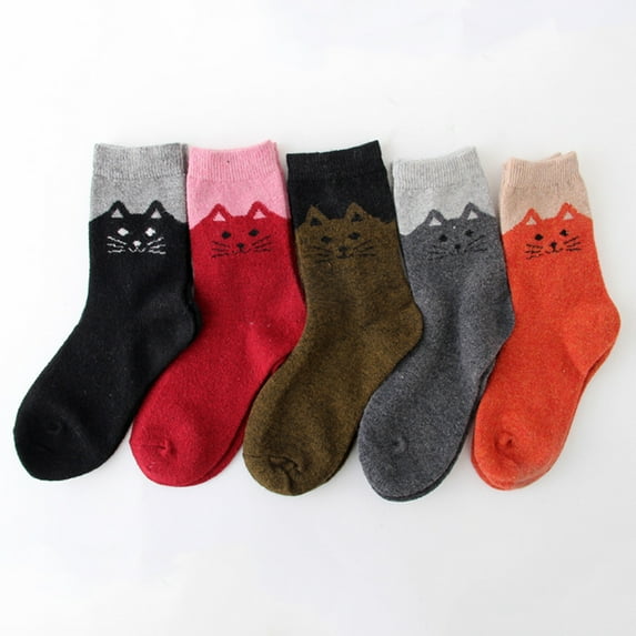 dianhelloya 1 Pair Winter Socks Wind-proof Soft Touch Adorable Mid Cuff Cat Print Lady Socks for Daily Wear Dark Gray