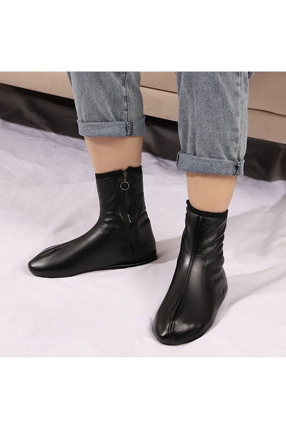 1 Pair Women Floor Socks Faux Leather Plush Thicken Zipper Soft Keep Warm Solid Color Waterproof Winter Mid Tube Socks Daily Socks Black