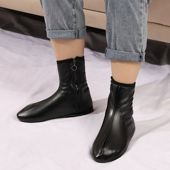 dianhelloya 1 Pair Women Floor Socks Faux Leather Plush Thicken Zipper Soft Keep Warm Solid Color Waterproof Winter Mid Tube Socks Daily Socks Black