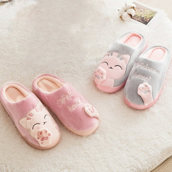 dianhelloya 1 Pair Women Slippers Cartoon Animal Pattern Winter Breathable Anti Skid Slippers for Home Grey