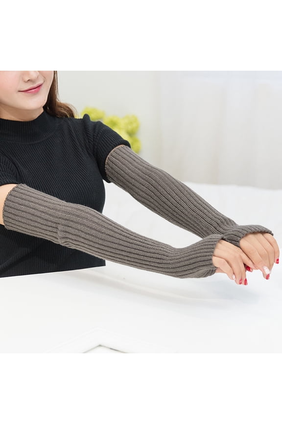 1 Pair Women Winter Gloves Knitted Over Elbow Length High Elasticity Solid Color Anti-slip Half Finger Arm Wraps Arm Warmers Light Grey