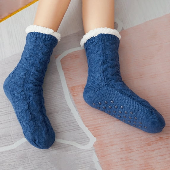dianhelloya 1 Pair Women Winter Socks Thick Soft Plush Color Matching Mid-tube Elastic Anti-slip Thermal Knitted Anti-skid Bottom Floor Socks Lady Homewear Socks Black