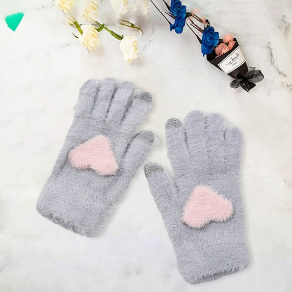 dianhelloya 1 Pair of Women Winter Gloves Heart Pattern Full Finger with Touch-Screen Design Non-Slip Fashionable Warm Knit Mittens Khaki