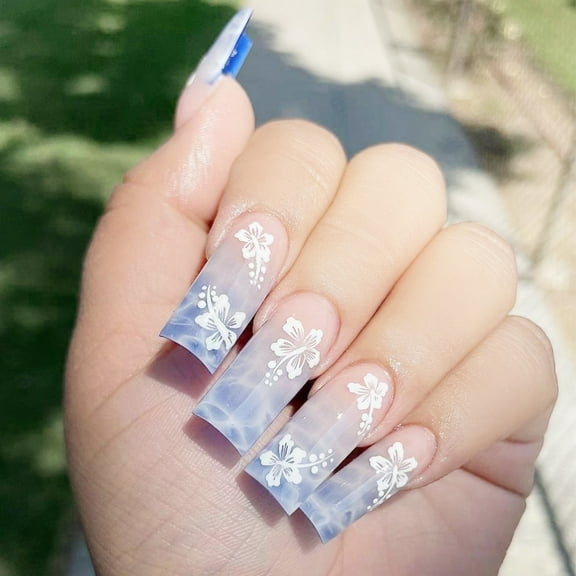 dianhelloya 1 Set Fake Nails Set Detachable Square Head Long Beautiful Press on Fingernails with Jelly Glue Included Fake Nails Blue