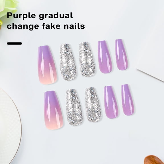 dianhelloya 1 Set Gradient Glitter Fake Nails Purple-colord Long-lasting Eco-friendly Manicure Home Dance Club Fake Nails Purple