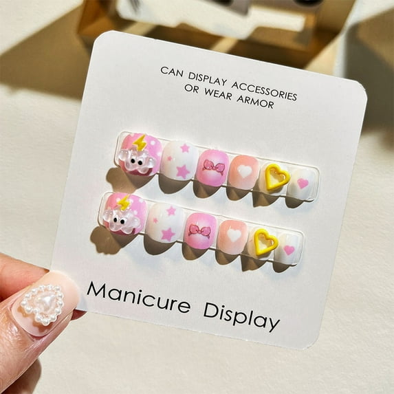 dianhelloya 12Pcs Kids Cartoon Nail Art Stickers Cute Flower Cloud Heart Pattern Rhinestones Nail Decals Self-adhesive Fake Nails DIY Art Decoration B