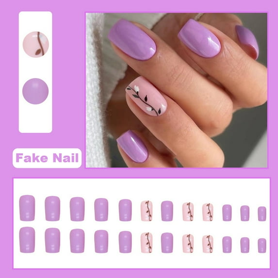 dianhelloya 24Pcs Cute Purple-Color Gel Fake Nails Flat Head Press-On Nails Wearable False Nails Full Cover Artificial French Tip DIY Nail Art Accessories Purple