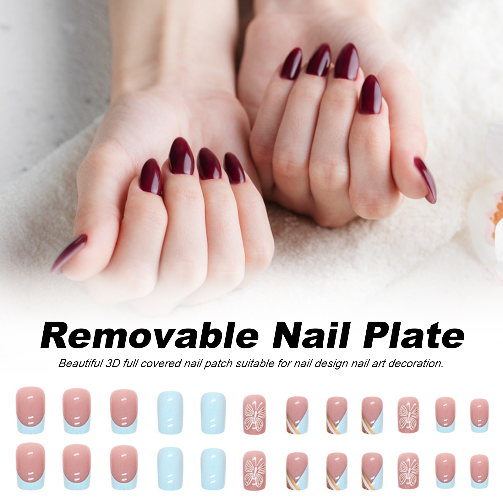 dianhelloya 24Pcs Detachable Nails Light Blue French Golden Line