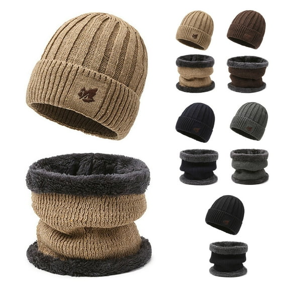 dianhelloya 2Pcs/Set Women Men Winter Solid Color Knitting Hat Neck Gaiter Set Thickened Plush Lining Beanie Hat Scarf Set Outdoor Riding Accessories Khaki