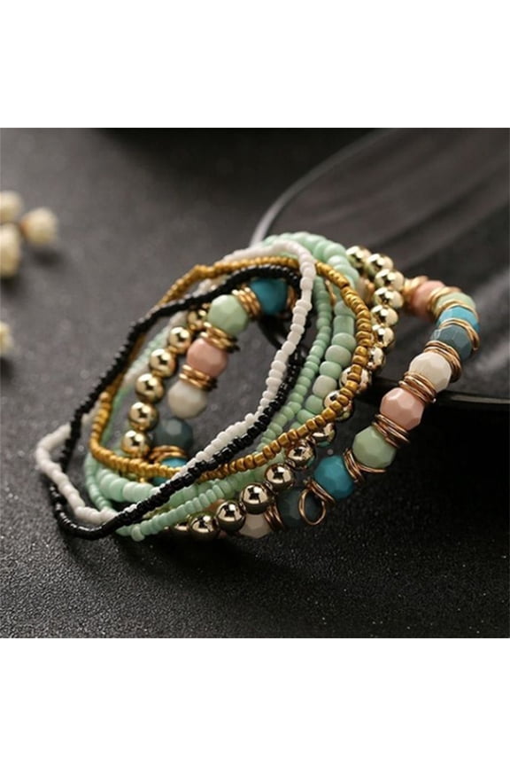 7Pcs/Set Women Boho Bohemian Mix Style Multilayer Elastic Beaded Bracelets for Banquet Party Black