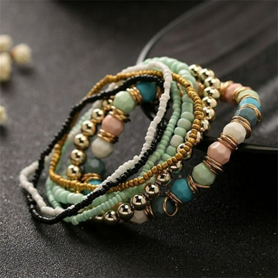 dianhelloya 7Pcs/Set Women Boho Bohemian Mix Style Multilayer Elastic Beaded Bracelets for Banquet Party Blue