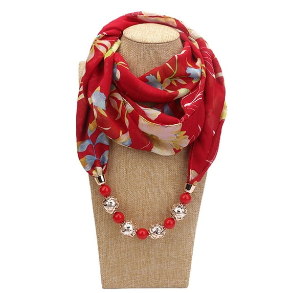 dianhelloya Beads Pendant Floral Print Necklace Scarf Simple Ethnic Style Vintage Chiffon Scarf for Home Red