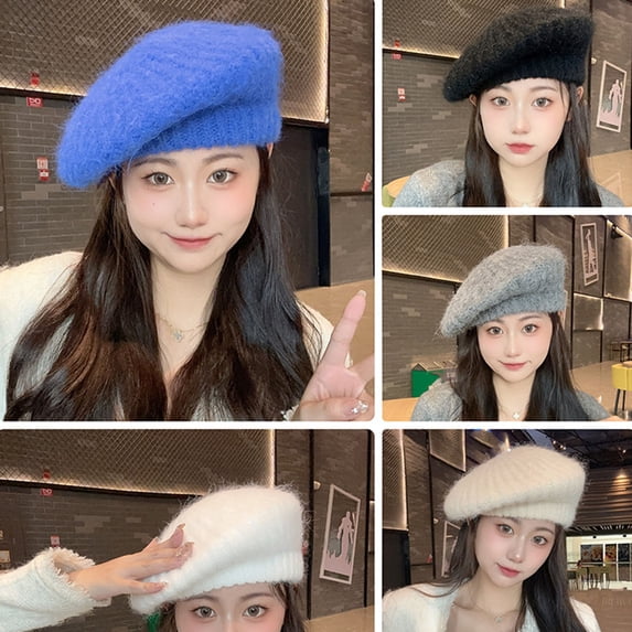 dianhelloya Beret Hat Autumn Winter Rabbit Plush Knitted Breathable Stylish All-match Solid Color Elastic Painter Hat Black