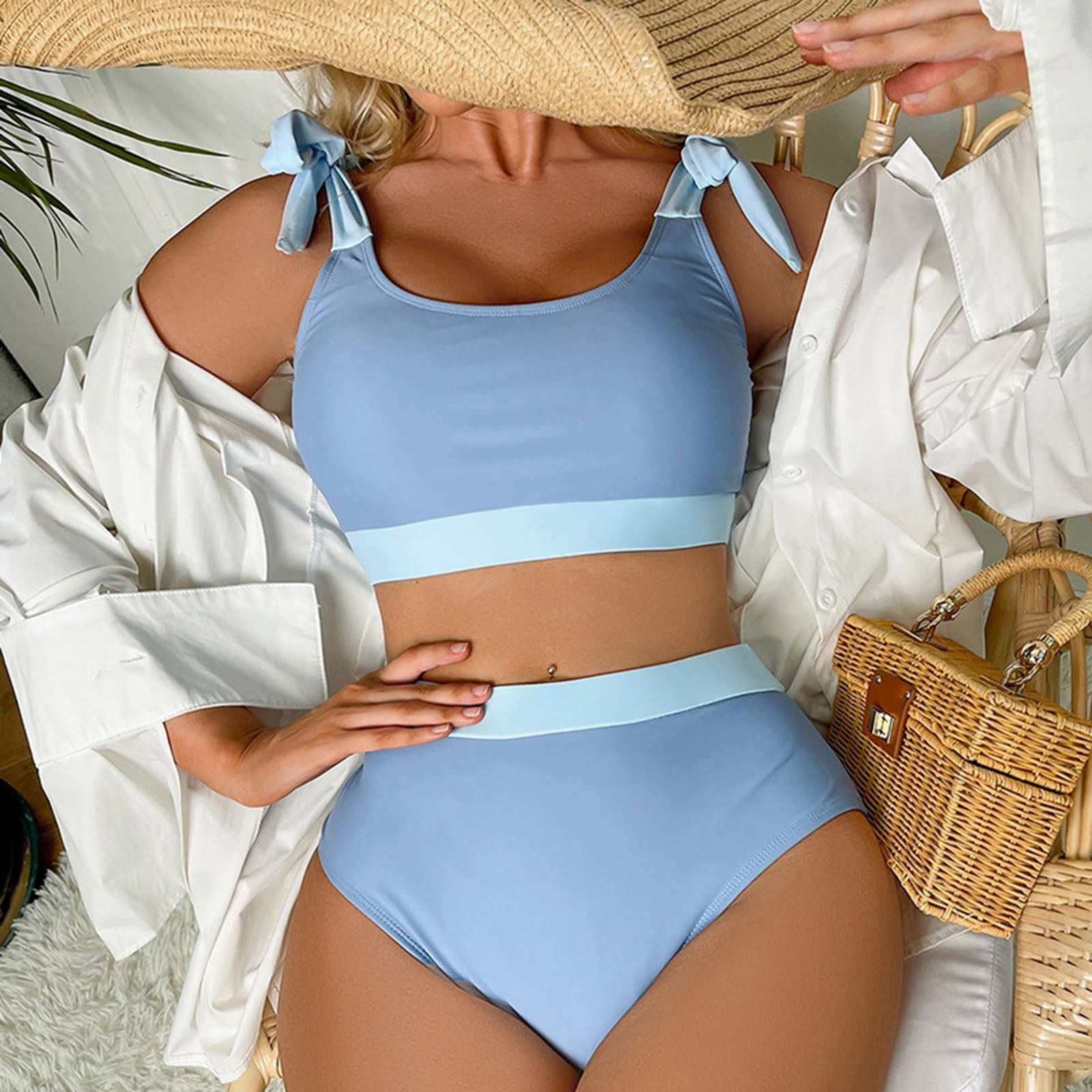 dianhelloya Bikini Sets For Women 2Pcs/Set Wide Shoulder Straps V-neck  Bikini Set Solid Color Bra High Waist Briefs Swimsuit Beachwear