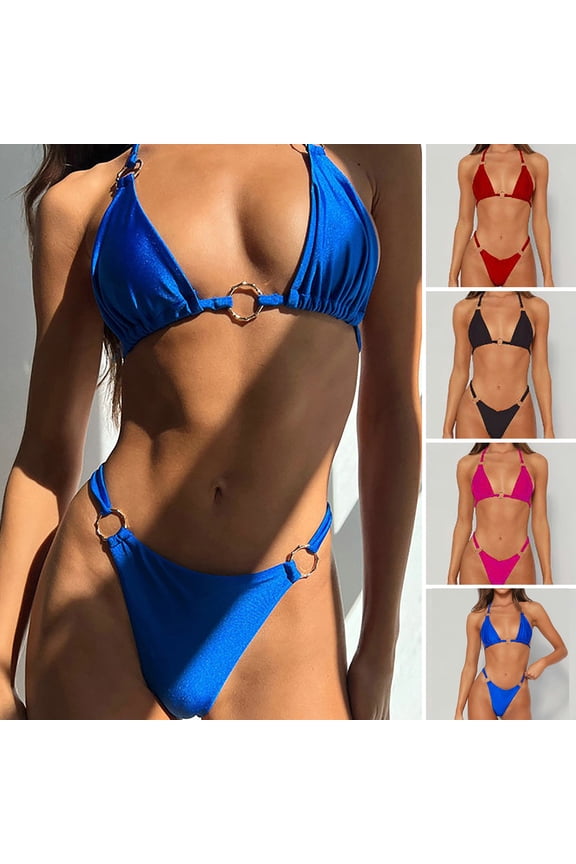 Bikini Sets For Women 2 Pcs/Set Women Bikini Set Three-point G-string High Waist Low-cut Halter Neck Swimming Solid Color Summer Vacation Lady Swimsuit Water Sports Clothes