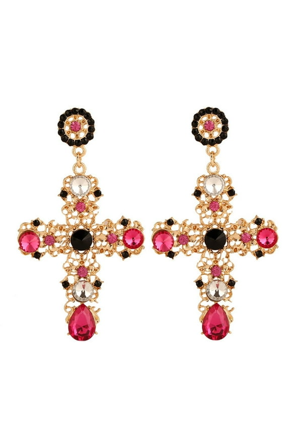 Boho Women Rhinestone Inlaid Hollow Cross Dangle Ear Drop Earrings Jewelry Gift Red
