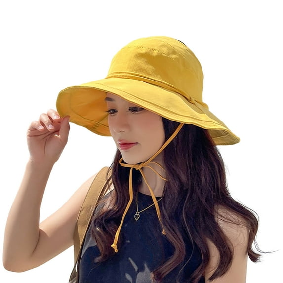 dianhelloya Bucket Hat for Women Summer Women Fisherman Hat Empty Top Solid Color Wide Brim Sunscreen Fasten Strap Anti-UV Windproof Foldable Gardening Summer Hat Headwear