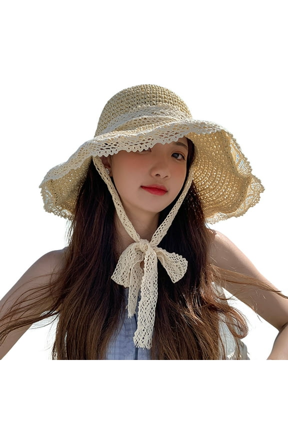 Bucket Hat for Women With Strings Lace Trim Tied Up Round Dome Sun Hat Women Big Brim Floppy Straw Hat Fashion Accessories
