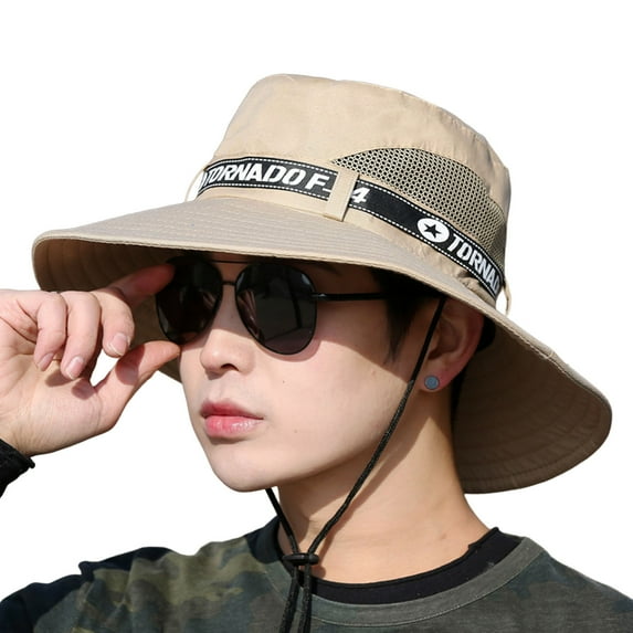 dianhelloya Bucket Hats for Teens Men Outdoor Hat Sunscreen Wide Brim Flat Top Round Letter Print Anti-UV Windproof Strap Hollow Out Men Fisherman Hat Headwear