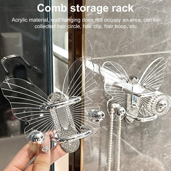 dianhelloya Butterfly Themed Acrylic Bathroom Organizer Rack No Drill Hooks Wall Mounted Storage for Hair Accessories Moisture Resistant Space Saving Design 4.61L x 4.33W
