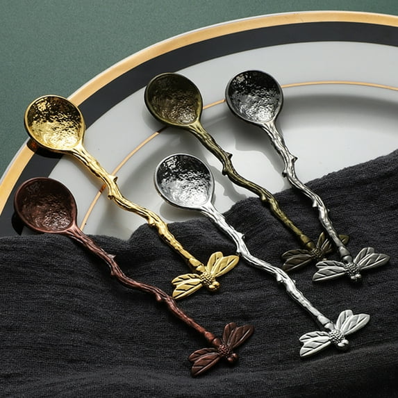 dianhelloya Coffee Spoon Heat Resistance Long Handle Comfortable Grip Rust-proof Non-slip Dragonfly Retro Style Dessert Scoop Kitchen Gadget Antique Bronze