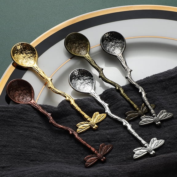 dianhelloya Coffee Spoon Heat Resistance Long Handle Comfortable Grip Rust-proof Non-slip Dragonfly Retro Style Dessert Scoop Kitchen Gadget Grey