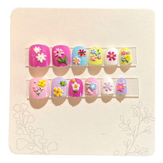dianhelloya Cute Fake Nails Kids Fake Nails 12pcs Kids Cartoon False Nails Cute Christmas Themed Pattern Embossed Press on Nails Self-adhesive Fake Nails Diy Art