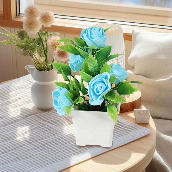 dianhelloya Fake Potted Plant Vibrant Color Artificial Rose Bonsai Fade-resistant Realistic Simulated Plant for Home Decoration Blue