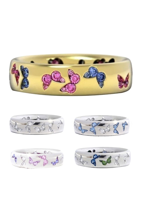 Fashion Women Butterfly Cubic Zirconia Inlaid Finger Ring Wedding Party Jewelry Pink+Blue*