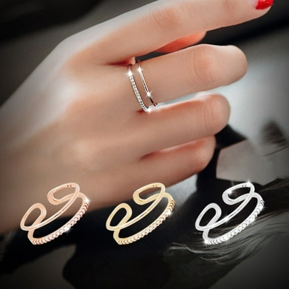 dianhelloya Fashion Women Double Layer Rhinestone Inlaid Open End Finger Ring Jewelry Decor Golden