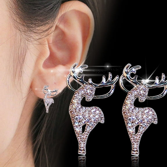 dianhelloya Fashion Women Rhinestone Elk Silver Plated Ear Stud Earrings Jewelry Xmas Gift Silver
