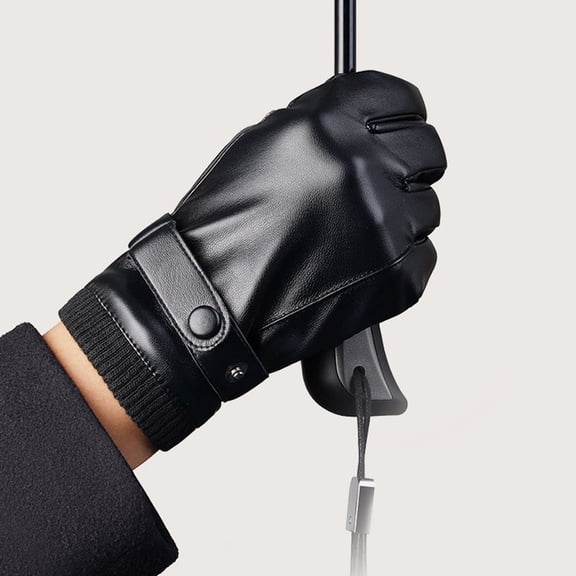 dianhelloya Fleece Lining Ribbed Cuffs Adjustable Buttons Full Finger Men Gloves Winter Windproof Faux Leather Cycling Gloves 1 Pair Brown