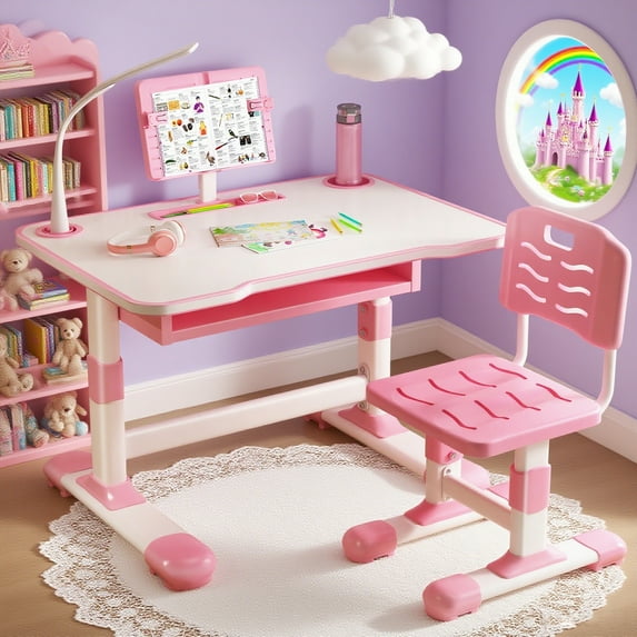 dianhelloya Kids Adjustable Study Desk and Chair Set with LED Lamp Tiltable Reading Stand Large Drawer Height Adjustable Pink Blue