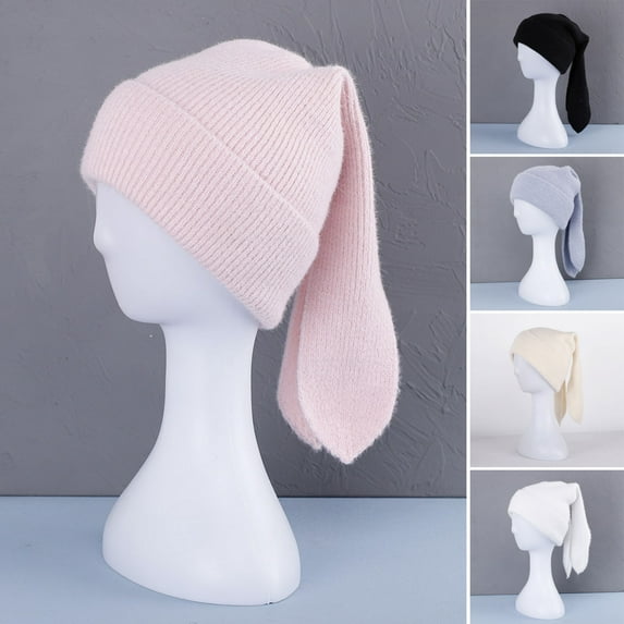 dianhelloya Knit Bunny Beanie Hat Women Cute Rabbit Ear Beanie Crochet Hat Winter Warm Skull Cap Outdoor Ski Slouchy Hat Beige