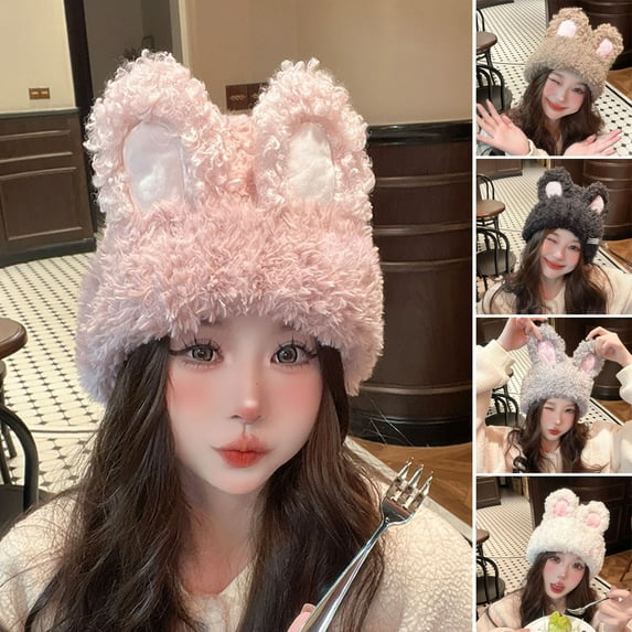 dianhelloya Knitted Hat Fluffy Rabbit Ears Stylish Warm Winter Thickened Lovely Sweet Beanie Hat Women Accessories Khaki