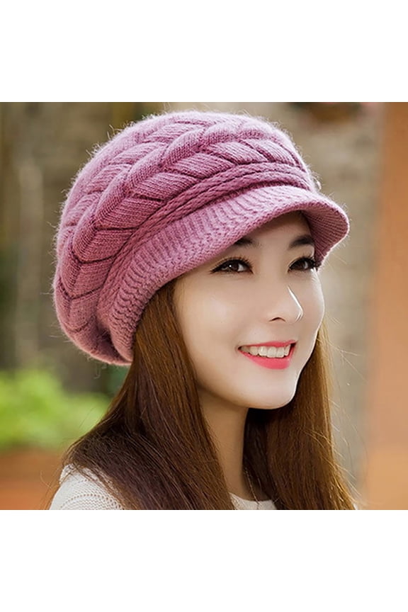 Knitted Hat Warm Flat Brim Shape Faux Rabbit Fur Fashion Women Cold Hat for Cold Weather Light Gray