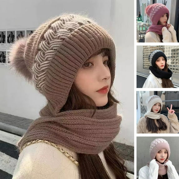 dianhelloya Ladies Winter Hat Knitted Thick Color Block Windproof Warm Soft Ear Protection Plush Ball Decor Elastic Anti-slip Beanie Scarf Combo Women Cap White