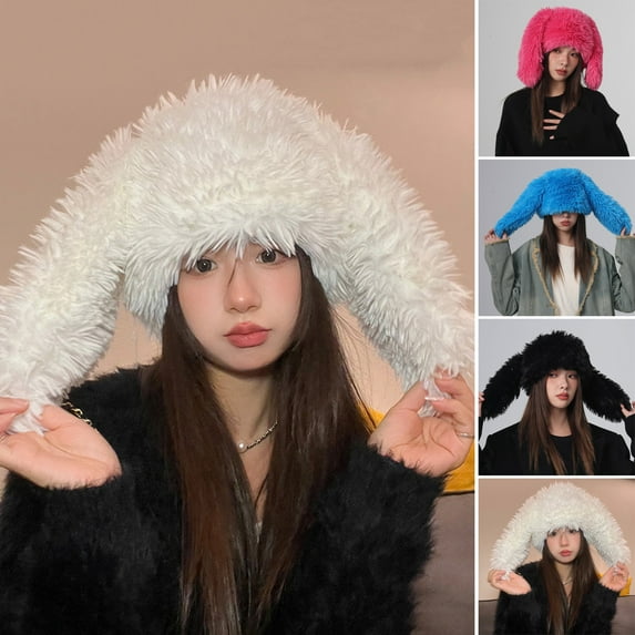dianhelloya Ladies Winter Hat Long Rabbit Ear Hat Fluffy Cozy Thick Plush Warm Windproof Ear Protection Pure Color Lightweight Unisex Party Cosplay Cap Black