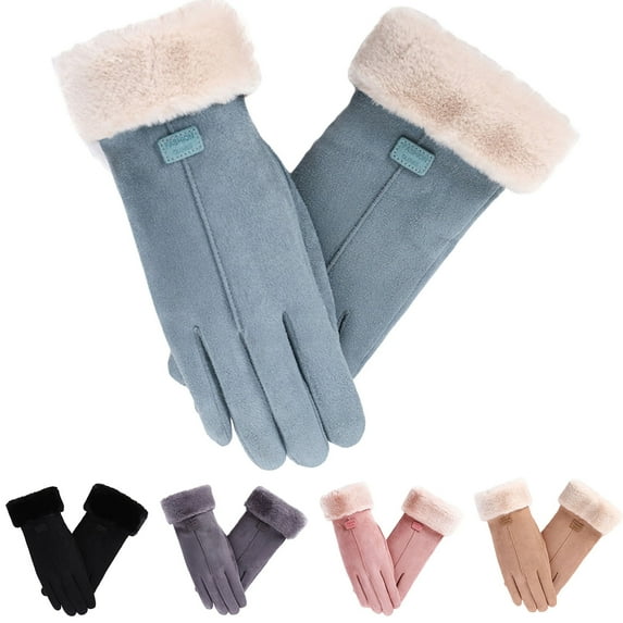 dianhelloya Letter Logo Anti-slip Windproof Solid Color Suede Gloves Women Winter Fluffy Cuffs Driving Gloves 1 Pair Black