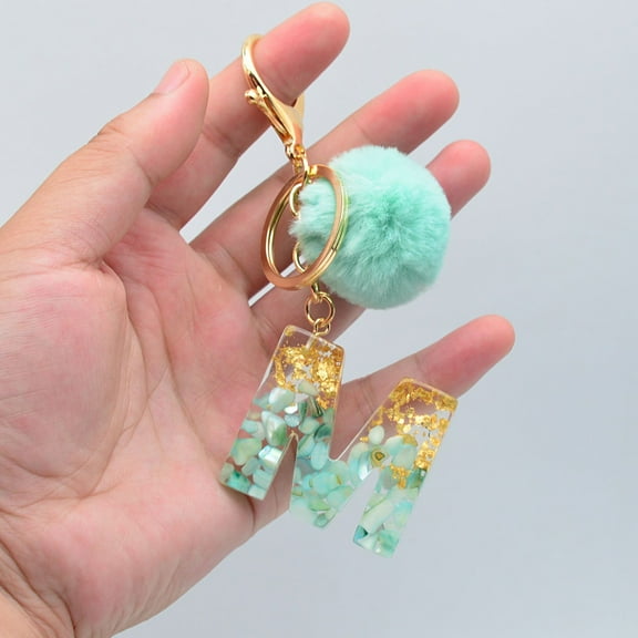 dianhelloya Letter Pendant Plush Ball Key Chain Resin Sequin Buckle Keyring Holder Charm Decoration R