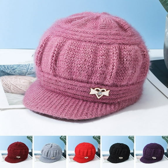 dianhelloya Mid-aged Women Winter Hat Thickened Knitted Elastic Short Brim Heart Rhinestone Decor Pure Color Windproof Warm Head Protection Lady Cap Purple