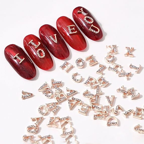 dianhelloya Nail Art Supplies 10Pcs Nail Art Alphabets Three-dimensional Shining Hollowed Out DIY Alloy Nail Golden 26 Alphabets Letter Rhinestones for Nail Salon (X)