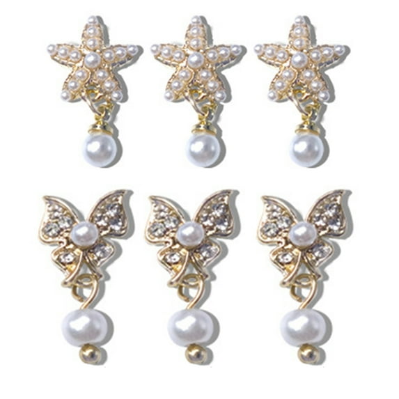 dianhelloya Nail Art Supplies 3Pcs Nail Pentagram Decors Shiny 3D Effect Gloss DIY Mini Butterfly Faux Pearl Pendant Five-Petal Flower Nail Charms for Nail Salon (F)