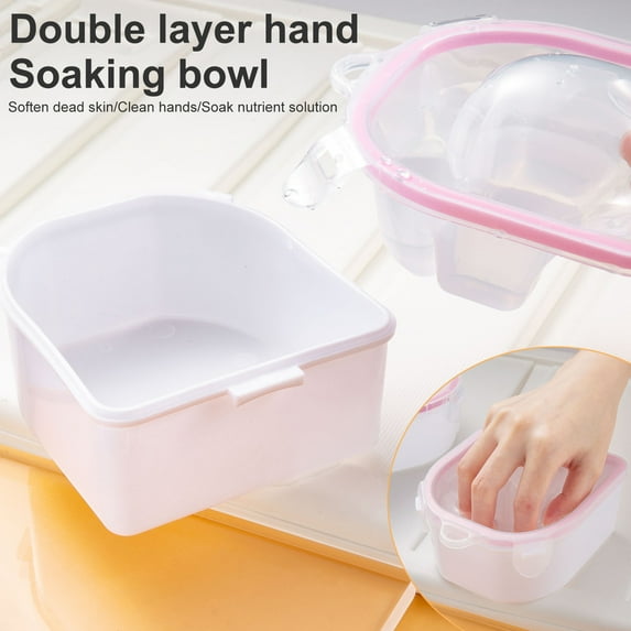 dianhelloya Nail Soaking Bowl with Cuticle Pusher Removable Double Layers Groove Design Hanging Hole Manicure Tool Soak Off Gel Polish Remover Bowl Pink 4pcs