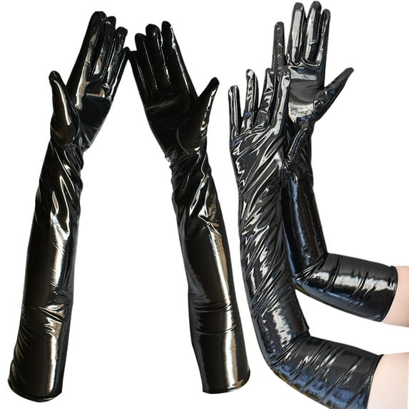 dianhelloya Nightclub Gloves Soft Paint Finish Long Full Fingers Over Elbow Decorative Patent Leather Punk Style Women Club Gloves for Party 1 Pair Black
