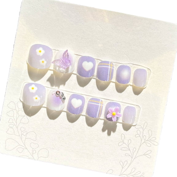 dianhelloya Rhinestones Fake Nails Kids Fake Nails 12pcs Kids Cartoon Nail Art Stickers Cute Flower Cloud Heart Pattern Rhinestones Nail Decals Self-adhesive Fake